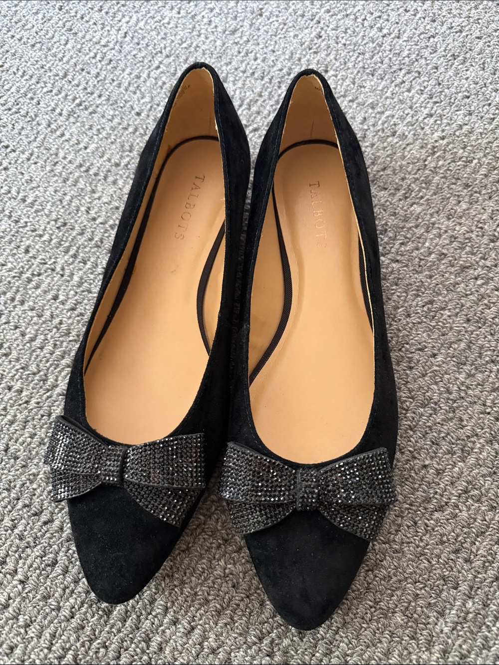 Talbots Edison Bow leather Suede Flats 10.5 black rhinestone new